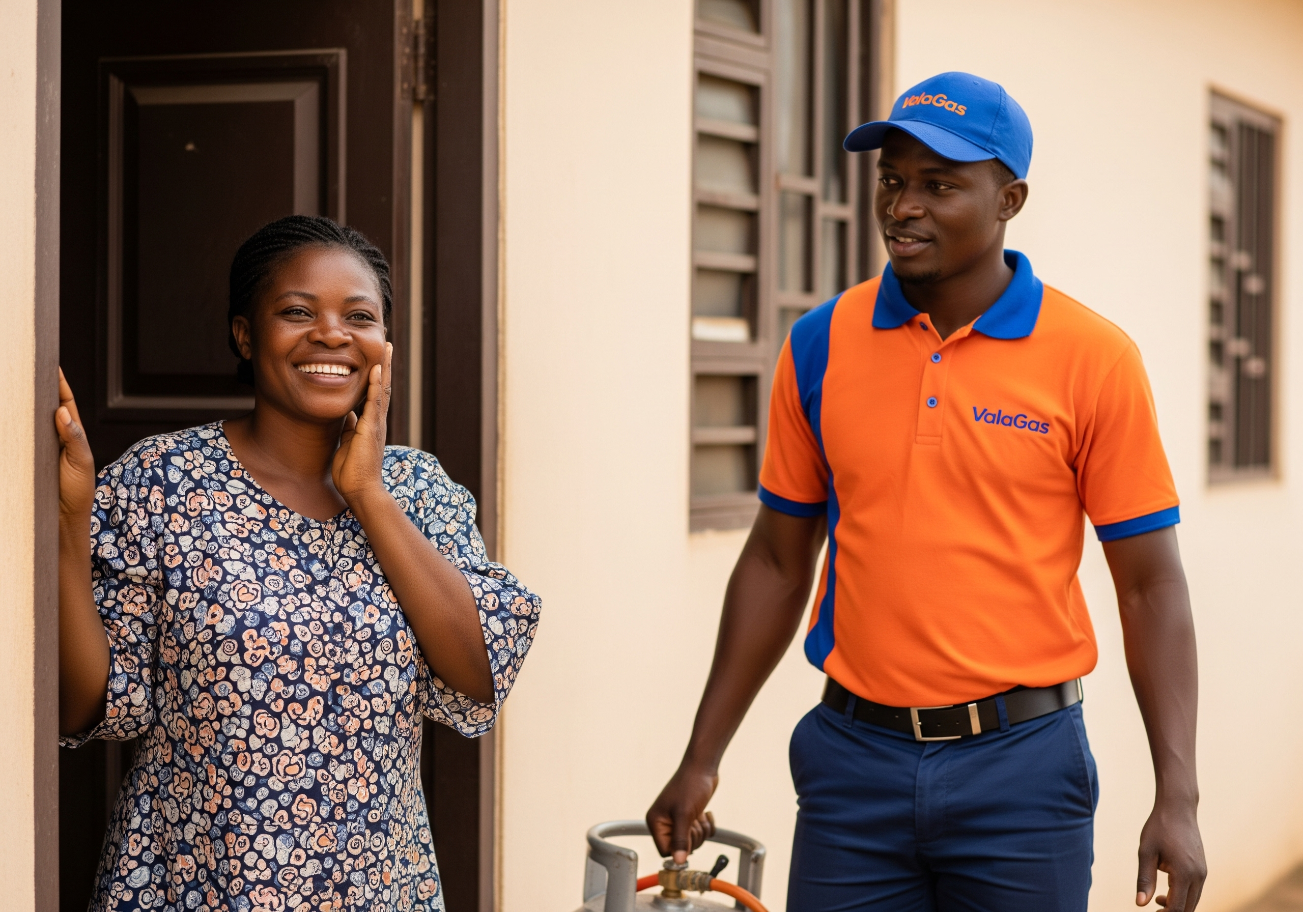 Delivery man handing gas to a woman at her doorstep